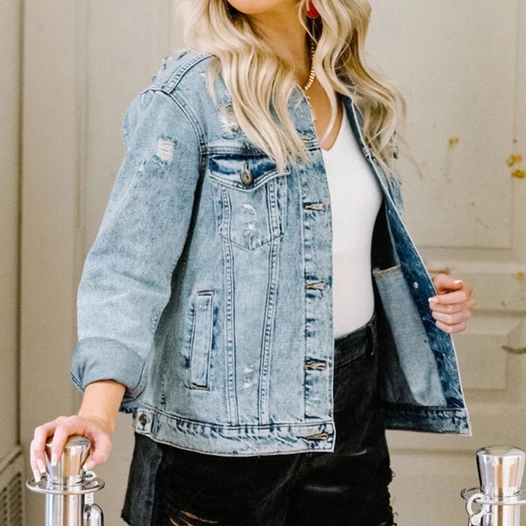 . Judith March Rock N Roll Navy Distressed Patch Varsity Denim Jacket - Picture 5 of 9